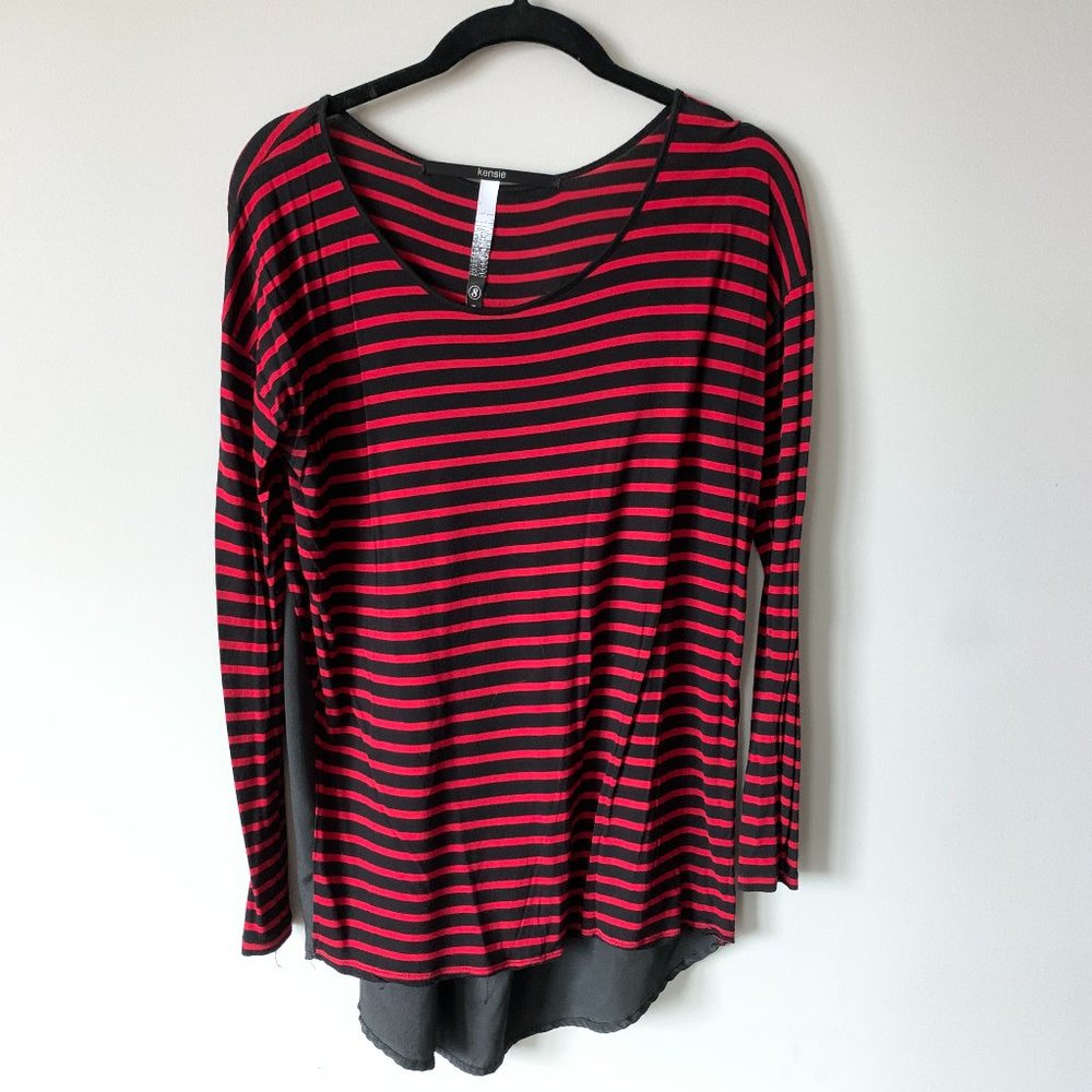 Kensie Long Sleeve Top - Black & Red Stripes with Satin / Silk Back